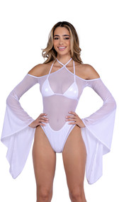 Sheer mesh romper features long bell sleeves, shimmer trim, cold shoulders and halter neck straps.