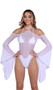 Sheer mesh romper features long bell sleeves, shimmer trim, cold shoulders and halter neck straps.