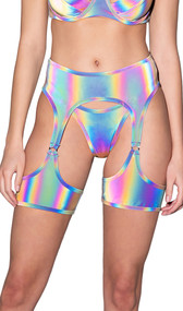 Pull on style garter belt features reflective multicolor fabric, attached leg garters and O ring accents.