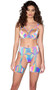 Pull on style garter belt features reflective multicolor fabric, attached leg garters and O ring accents.
