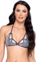 Snake skin print bikini style crop top features triangle cups with keyhole cut outs, O ring accents, halter neck and tie back.
