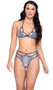 Snake skin print metallic shorts feature strappy front with O ring accent, darker trim and thong cut back.