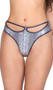 Snake skin print metallic shorts feature strappy front with O ring accent, darker trim and thong cut back.