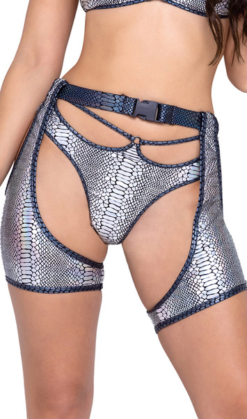 Metallic short chaps feature snake skin print fabric, darker trim and belt with parachute buckle closure.