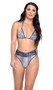 High waist shorts feature snake skin print metallic fabric, darker contrast trim, thong cut back, and decorative belt with buckle accent on the front side only.