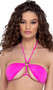 Bikini style crop top features strappy demi cups with cut outs, O ring accent, halter neck and swan hook back closure.