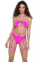 Bikini style crop top features strappy demi cups with cut outs, O ring accent, halter neck and swan hook back closure.
