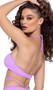 Bikini style crop top features strappy demi cups with cut outs, O ring accent, halter neck and swan hook back closure.