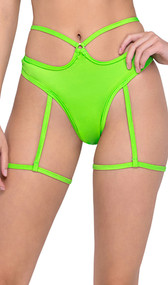 Thong back shorts feature extra strap detail, O ring accent and attached leg garter wraps.