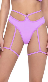 Thong back shorts feature extra strap detail, O ring accent and attached leg garter wraps.