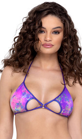 Bikini style crop top features triangle cups with keyhole cut outs, O ring accent, shimmer trim, halter neck and tie back.