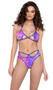 Thong back shorts feature open front with strap detail, O ring accent, and shimmer trim.