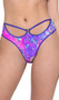Thong back shorts feature open front with strap detail, O ring accent, and shimmer trim.