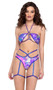 Thong back shorts feature extra strap detail, O ring accent, shimmer trim and attached leg garter wraps.