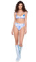 Cloud print high waisted shorts feature metallic accents, high cut and cheeky back.