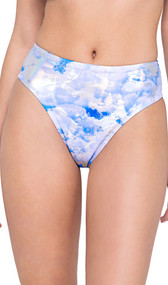 Cloud print high waisted shorts feature metallic accents, high cut and cheeky back.