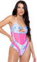 Cloud print sleeveless romper features sheer pink mesh panels, keyhole underboob cut out, O ring accent, halter neck and cheeky cut back.