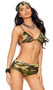 Ready for Combat costume features camouflage bra top with adjustable triangle cups, spaghetti straps and tie back closure. Matching booty shorts headband also included. Three piece set.