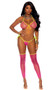 String bra top features sheer multi diamond net cups, contrast trim, halter neck and tie back. Matching thong with side ties and thigh high stockings also included. Three piece set.