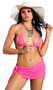 Mesh string bikini top features mini adjustable triangle cups, halter neck and tie back closure. Matching thong and sarong also included. Three piece set.