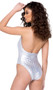 Sleeveless metallic romper features ring hologram fabric, front cut outs with lace up details, high collar neckline and cheeky cut back.