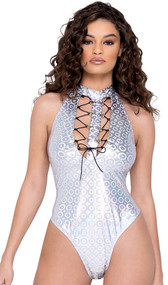 Sleeveless metallic romper features ring hologram fabric, front cut outs with lace up details, high collar neckline and cheeky cut back.