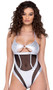 Sleeveless metallic romper features ring hologram fabric, underboob keyhole cut out with O ring accent, sheer mesh panels, halter neck and tie back closure.