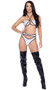 Hologram ring bikini style crop top features strappy demi cups with cut outs, O ring accent, halter neck and swan hook back closure.