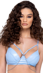 Underwire bra style crop top features adjustable strap details, O ring accent with attached chains, and back swan hook closure.