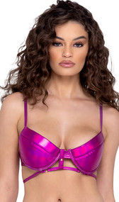 Metallic bra top features padded underwire cups, strappy accent, adjustable shoulder straps and swan hook back closure.