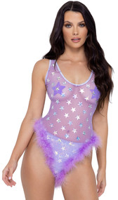 Sleeveless sheer romper features metallic stars and trim, V neckline, wide shoulder straps, and marabou bottom trim.
