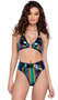 Multicolor vinyl crop top features triangle cups, O-ring accents, halter neck and back swan hook closure.