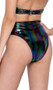Multicolor vinyl high waist shorts with high cut on the leg and cheeky cut back.