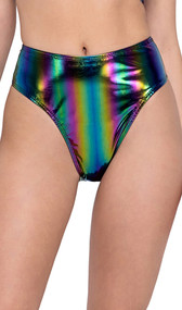 Multicolor vinyl high waist shorts with high cut on the leg and cheeky cut back.
