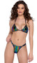 Multicolor vinyl crop top features adjustable triangle cups, halter neck and tie back closure.