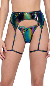 Multicolor vinyl garter belt with attached leg straps and lace up back closure.