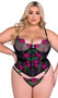 Stretch satin corset features embroidered peony mesh detail, sheer underwire demi cups, steel boning, front busk opening, adjustable shoulder straps with gold ring hardware, and lace up back closure. Matching panty features Brazilian cut back and cotton gusset. Two piece set.
