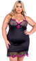 Stretch satin chemise features embroidered peony floral detail, sheer mesh underwire demi cups, matching hem, and adjustable criss cross shoulder straps and gold ring accents.