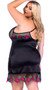 Stretch satin chemise features embroidered peony floral detail, sheer mesh underwire demi cups, matching hem, and adjustable criss cross shoulder straps and gold ring accents.