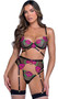 Stretch satin and sheer mesh bra features underwire demi cups, embroidered peony details, organza ribbon bow accent, adjustable shoulder straps with gold o ring accents, matching underbust strap, and hook and eye back closure. Matching garter belt features adjustable garter straps and hook back closure. Matching panty features cotton gusset and G-string back.