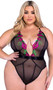 Sheer mesh teddy features embroidered peony details, stretch satin trim, plunging neckline with halter style straps, thong back with cotton gusset, and swan hook back closure.