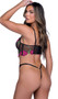 Sheer mesh long line bra features underwire demi cups with V wire detail, embroidered peony details, stretch satin trim, steel boning, adjustable shoulder straps with gold o ring accents, and hook and eye back closure. Matching panty features organza ribbon bow accent, cotton gusset and G-string back. Two piece set.