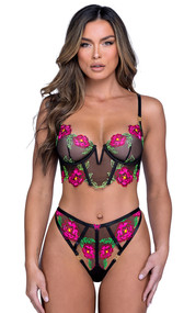 Sheer mesh long line bra features underwire demi cups with V wire detail, embroidered peony details, stretch satin trim, steel boning, adjustable shoulder straps with gold o ring accents, and hook and eye back closure. Matching panty features organza ribbon bow accent, cotton gusset and G-string back. Two piece set.