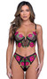 Sheer mesh long line bra features underwire demi cups with V wire detail, embroidered peony details, stretch satin trim, steel boning, adjustable shoulder straps with gold o ring accents, and hook and eye back closure. Matching panty features organza ribbon bow accent, cotton gusset and G-string back. Two piece set.
