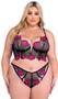 Sheer mesh long line bra features underwire demi cups with V wire detail, embroidered peony details, stretch satin trim, steel boning, adjustable shoulder straps with gold o ring accents, and hook and eye back closure. Matching panty features organza ribbon bow accent, cotton gusset and G-string back. Two piece set.