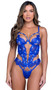 Floral eyelash lace teddy features underwire plunge cups with stretch satin, gold clasps, strappy rhinestone accents, adjustable shoulder straps with O ring details, hook and eye back closure, open sides and back, and G-string back with cotton gusset.