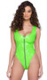 Green vinyl sleeveless romper features wide shoulder straps, U shaped neck and back, and front zipper closure.