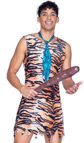 Yabba Dabba Hunk costume includes sleeveless tunic with velvet tiger print and zig zag trim and turquoise blue animal print tie. Two piece set.