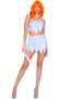 Yabba Dabba Diva costume includes vinyl tonal leopard print one shoulder crop top with zig zag trim and matching mini skirt. Two piece set.