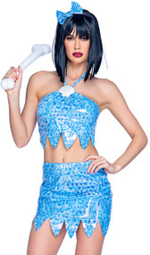 Bedrock Babe costume includes vinyl scale print crop top with halter neck, shell accent and zig zag trim. Matching mini skirt and headband with bow also included. Three piece set.